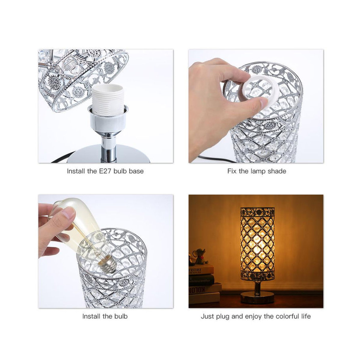 Tomshine Kristall Tischlampe in Silber aus Glas und Metall mit E27 Fassung für Schlafzimmer und Wohnzimmer - Bild 4