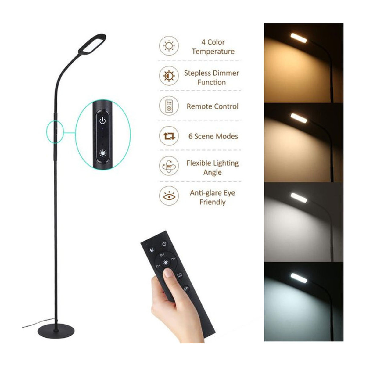 Tomshine LED-Stehlampe mit Fernbedienung und Touch-Steuerung in Schwarz aus Metall und Acryl mit 4 Farben und hoher Lumen-Zahl - Bild 1