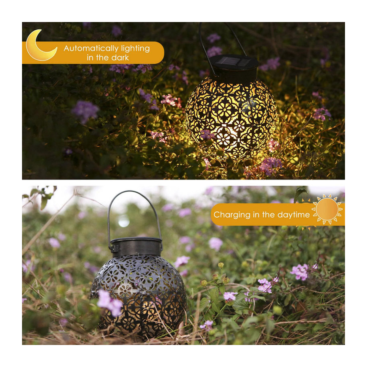 Tomshine Solar-Laternen aus Metall im Retro-Design, 2er-Set, dekorative hängende LED-Außenleuchten mit warmweißem Licht, IP44 wasserdicht - Bild 6