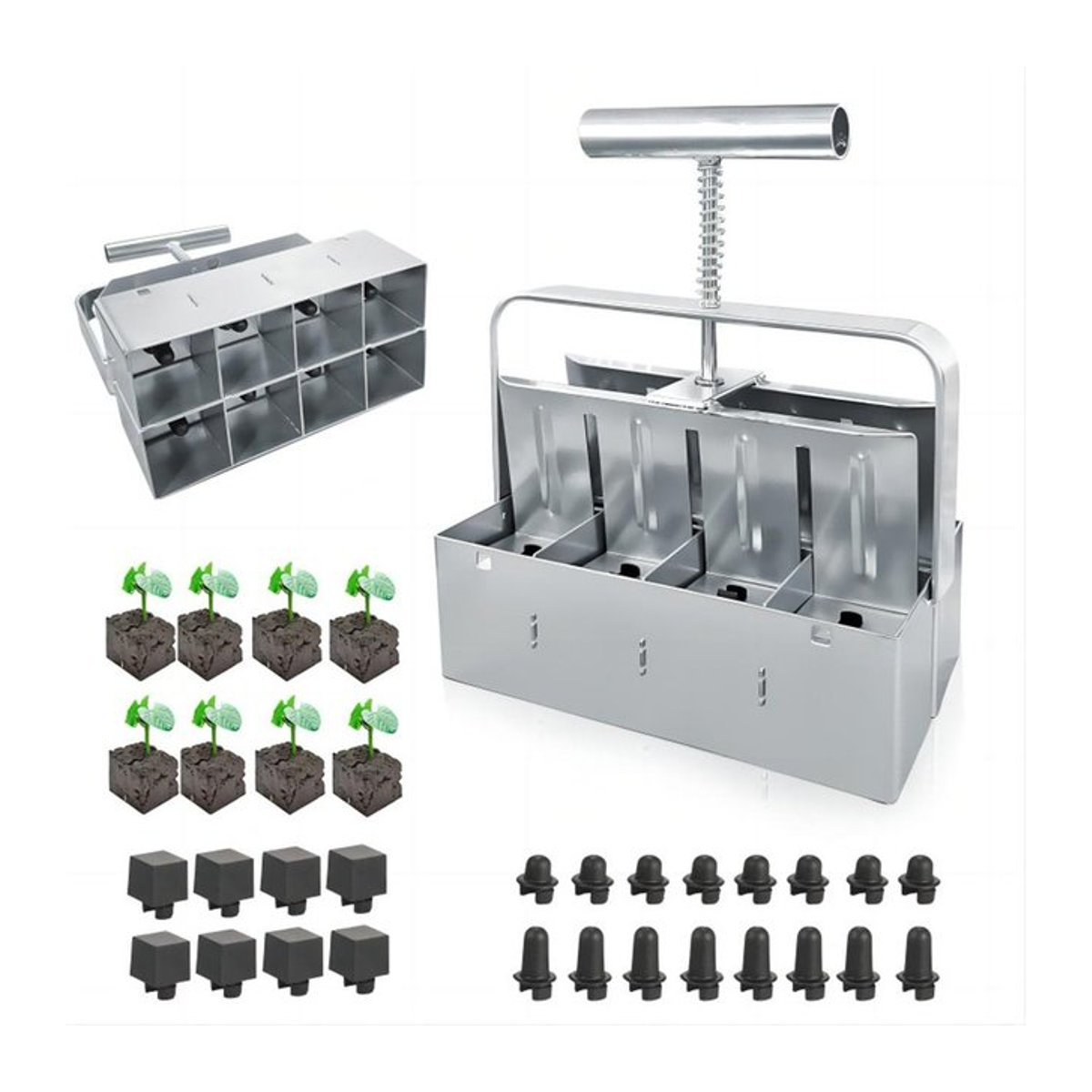 TOMTOP JMS Soil Block Maker 8-fach 2 Zoll mit Comfort-Grip Gartengerät zur manuellen Saatgutformung in Silber - Bild 1