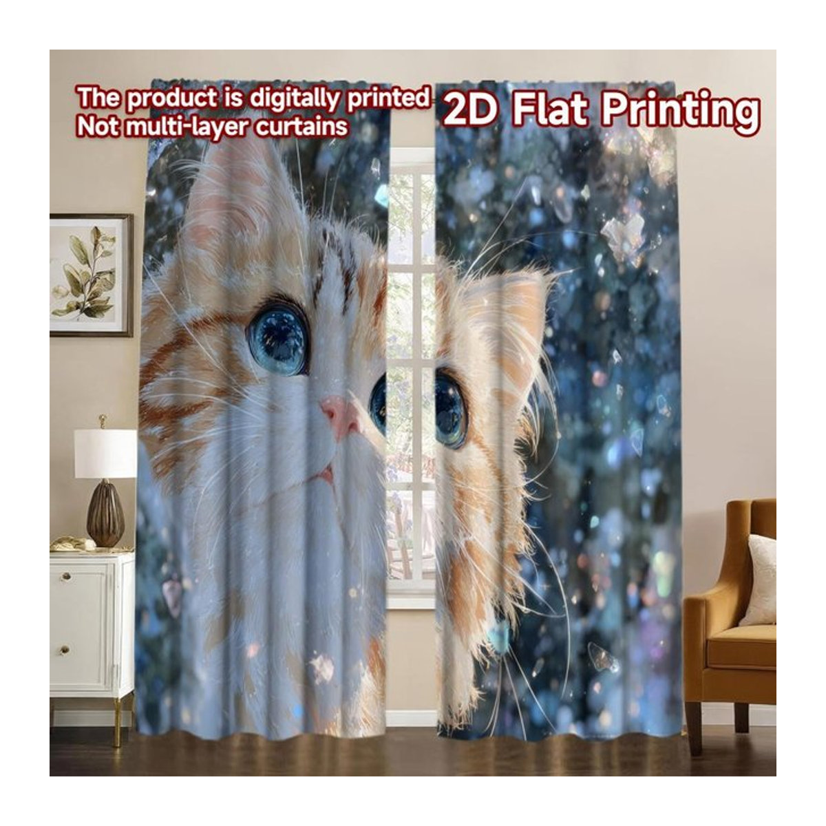 Tonnika Chen 2er-Set Kätzchen-Glitzer-Gardinen aus Polyester für den Außenbereich, B: 100 cm, H: 70 cm - Bild 1
