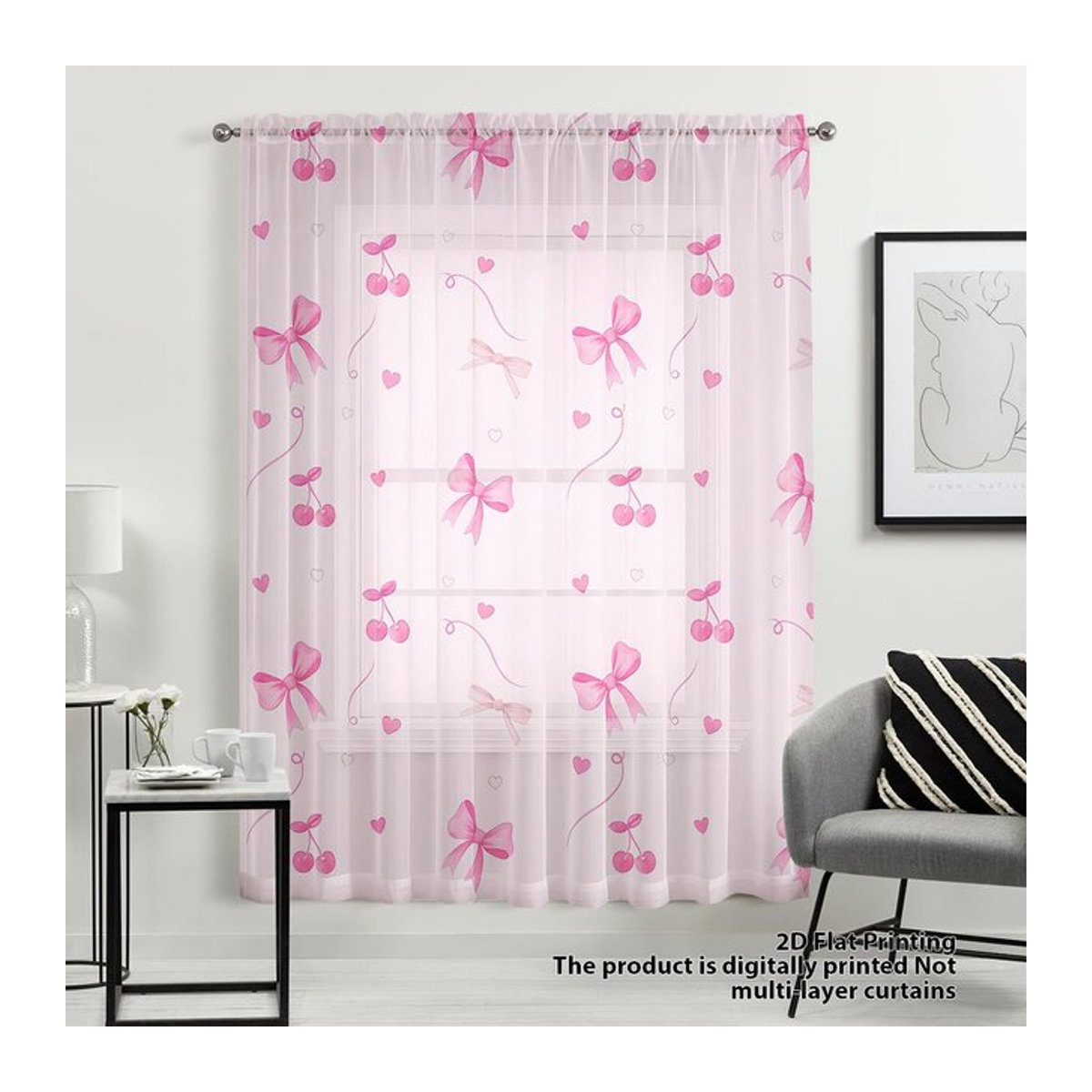 Tonnika Chen Dekorative Süßkirsche Gardine mit Schmetterlingsknoten in Rosa, Transparentes Voile, Breite: 100 cm, Höhe: 70 cm - Bild 1