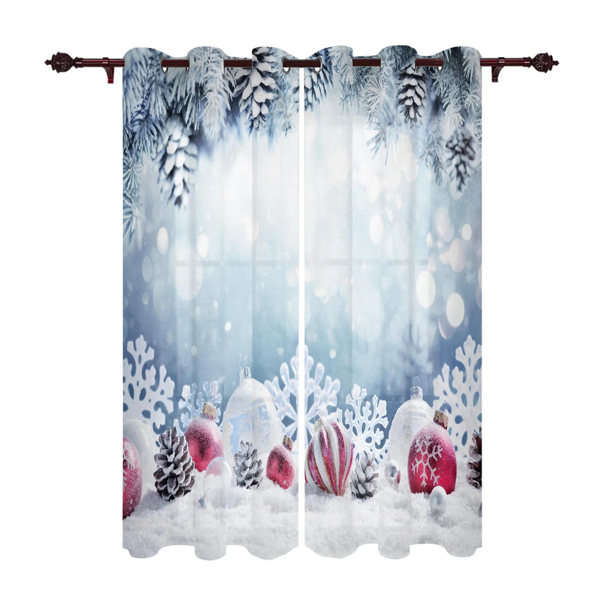 Tonnika Chen Dekorative Weihnachtsvorhänge mit Schnee, Schneeflocken und Tannenzapfen, Transparentes Voile, Multicolor, B: 100 cm, H: 130 cm, 2er-Set - Bild 1