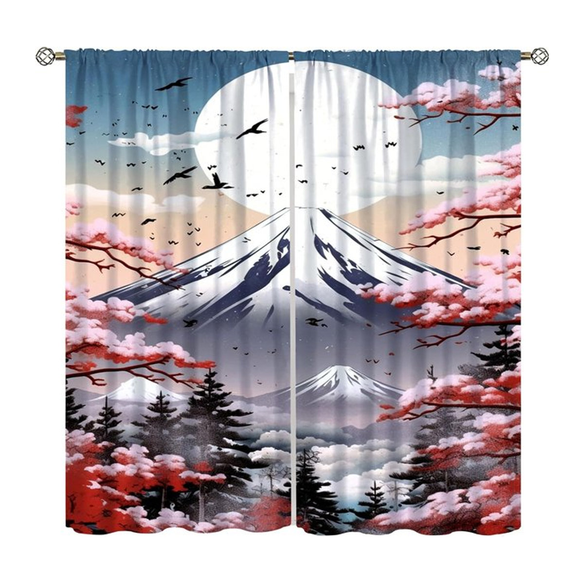Tonnika Chen Japanische Vorhänge mit Berg Fuji, Vogel, Kirschblüte und Kiefer, Transparentes Voile, B: 100 cm, H: 70 cm - Bild 1