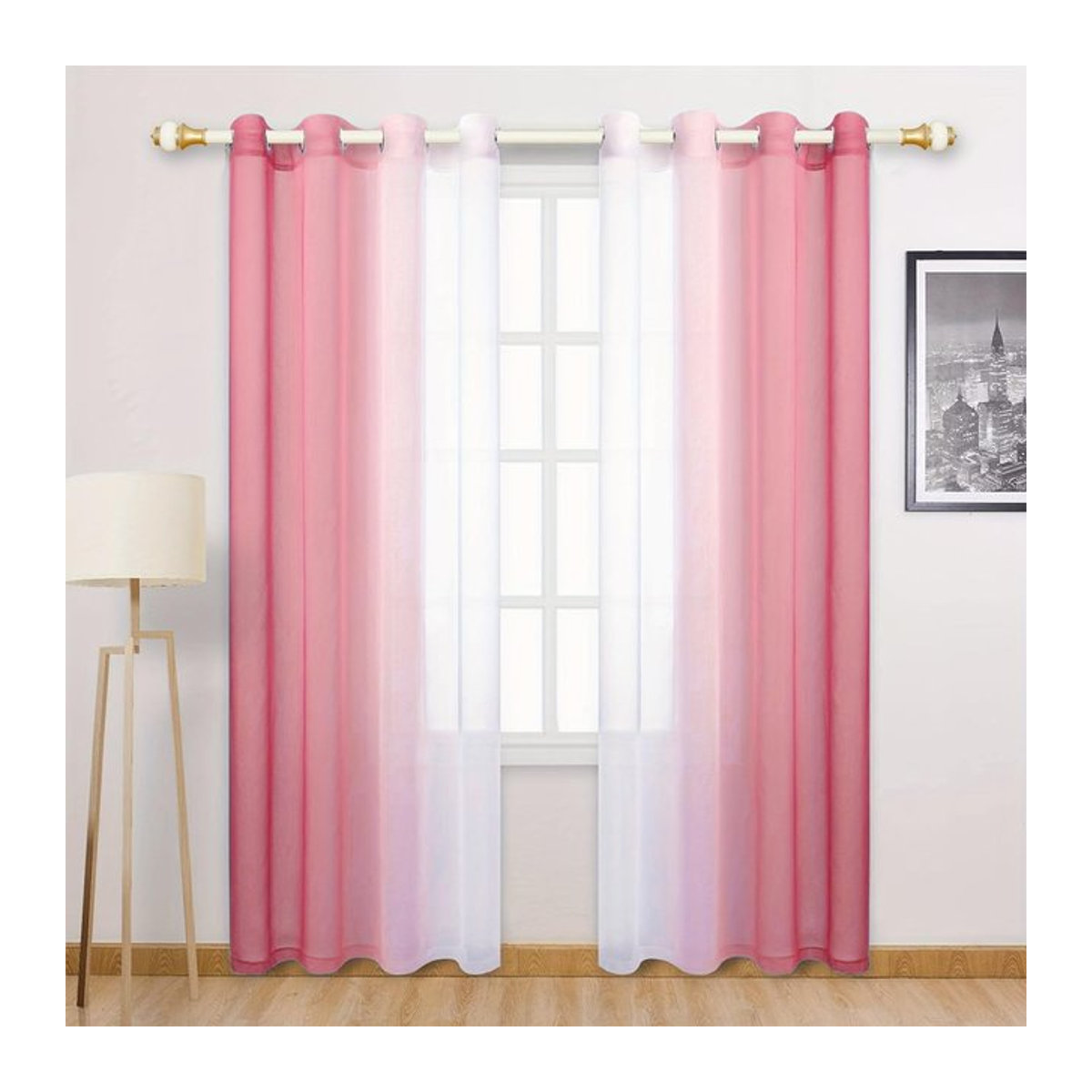 Tonnika Chen Regenbogen-Vorhang Gaze in Rosa Blau Lila mit Ösen, transparentes Voile-Set, Breite: 100 cm, Höhe: 70 cm - Bild 1