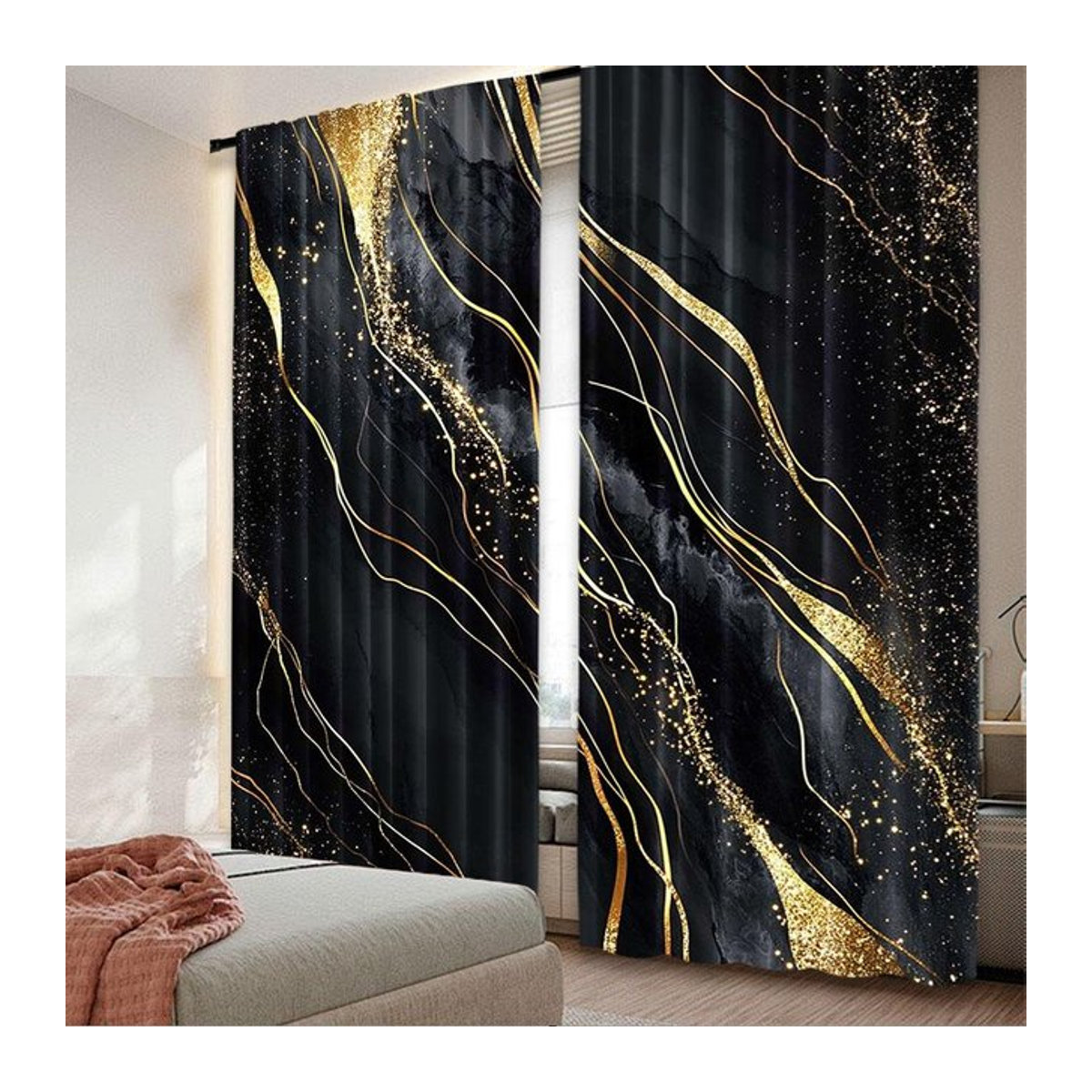 Tonnika Chen Set aus 2 blickdichten Kunstvorhängen mit Schwarz-Gold-Marmor-Design aus Polyester, Breite: 100 cm, Höhe: 70 cm - Bild 1