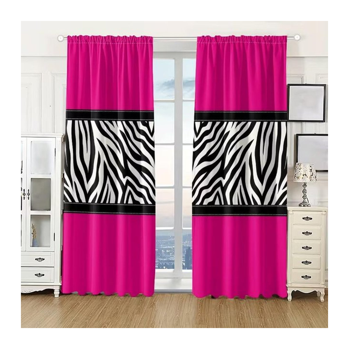 Tonnika Chen Set aus 2 blickdichten Vorhängen mit Leopardenmuster in Rosa, Polyester, Breite: 100 cm, Höhe: 70 cm - Bild 1