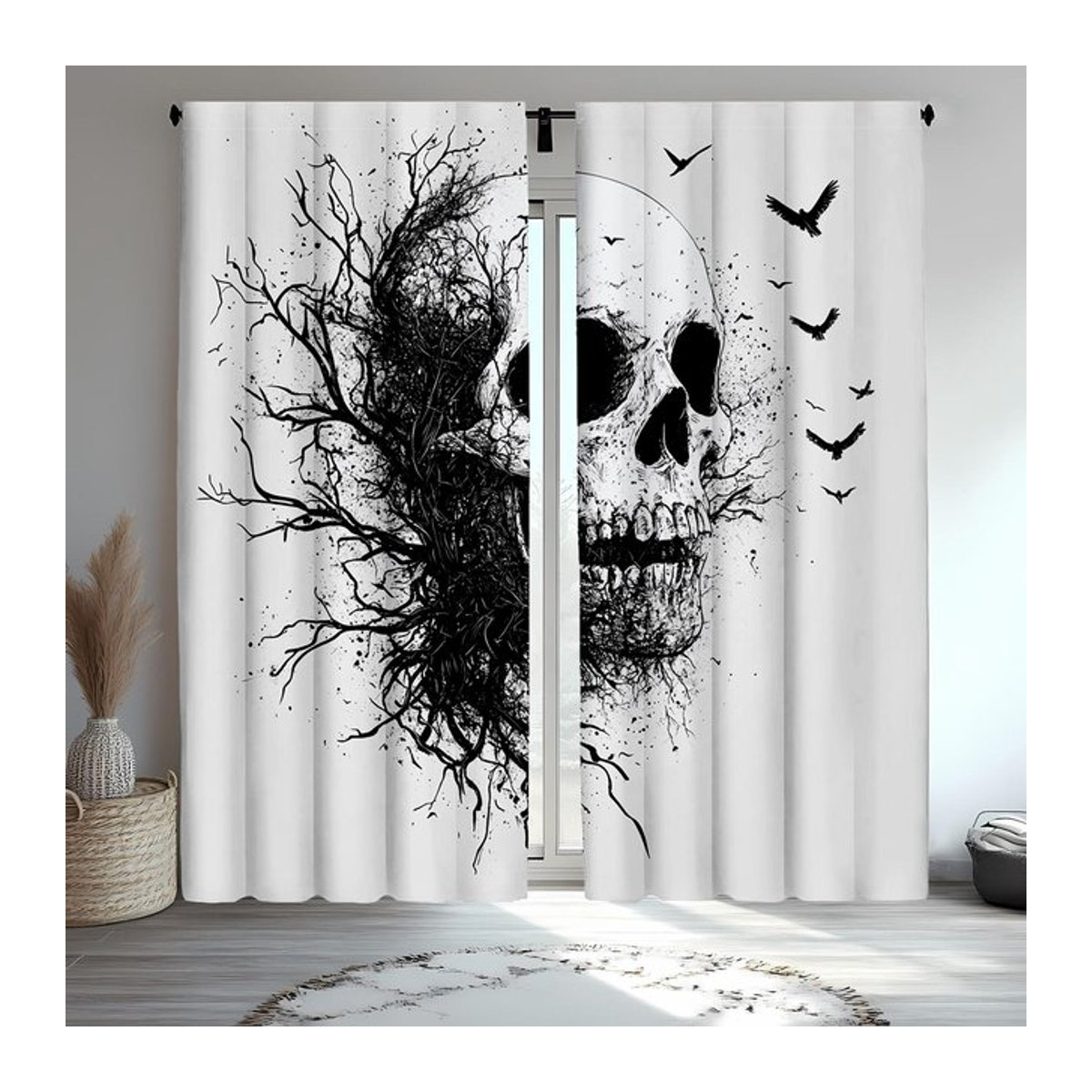 Tonnika Chen Set aus 2 dekorativen Gotischen Totenkopf-Vorhängen in Schwarz und Weiß, transparente Voile Gardinen mit Kunst Design, B: 100 cm, H: 70 cm - Bild 1