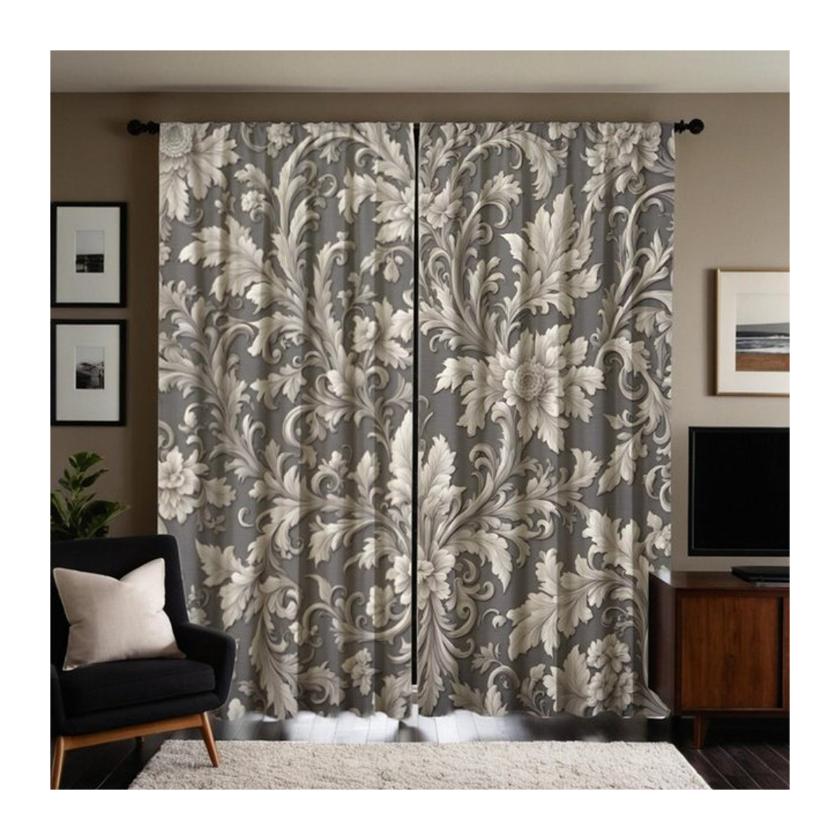 Tonnika Chen Set aus 2 dekorativen Vorhängen in Grau mit digitalem Druck, blickdicht, Polyester, Breite: 100 cm, Höhe: 70 cm - Bild 1