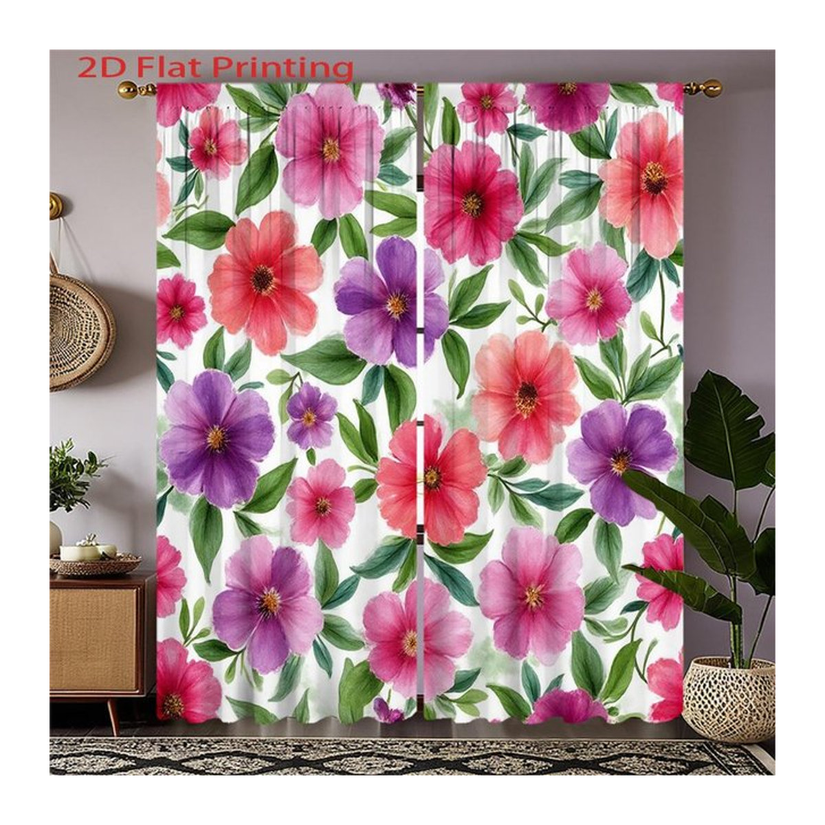 Tonnika Chen Set aus 2 flachen Druckvorhängen mit Aquarell-Blumenmuster in Rosa, Lila, Grün und Weiß, B: 100 cm, H: 70 cm - Bild 1