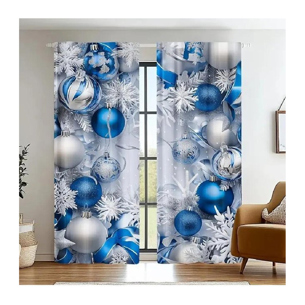 Tonnika Chen Set aus 2 lichtblockierenden Vorhängen mit blau-silbernem Schneeflockenmuster aus Polyester, B 100 cm x H 70 cm - Bild 1