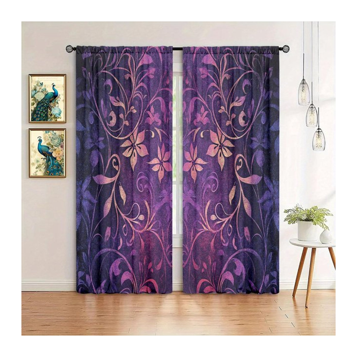 Tonnika Chen Set aus 2 lichtfilternden Vorhängen mit lila floralem Muster aus Polyester, Breite: 100 cm, Höhe: 70 cm - Bild 1