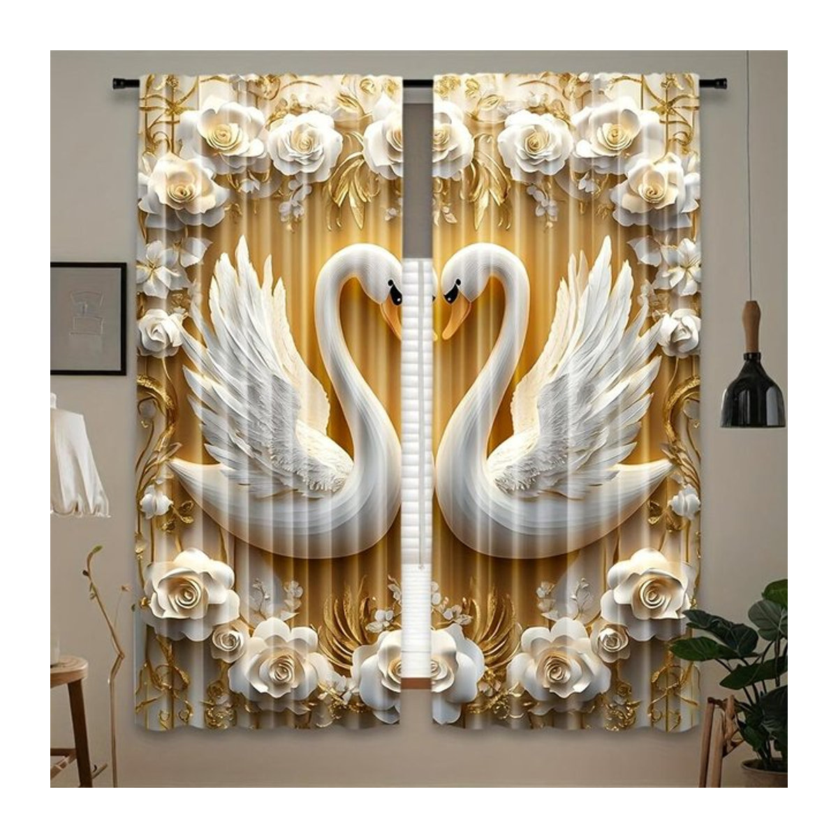 Tonnika Chen Set aus 2 lichtfilternden weißen Vorhängen mit floralem Schwanen-Design und goldenen Akzenten, Breite: 100 cm, Höhe: 70 cm - Bild 1