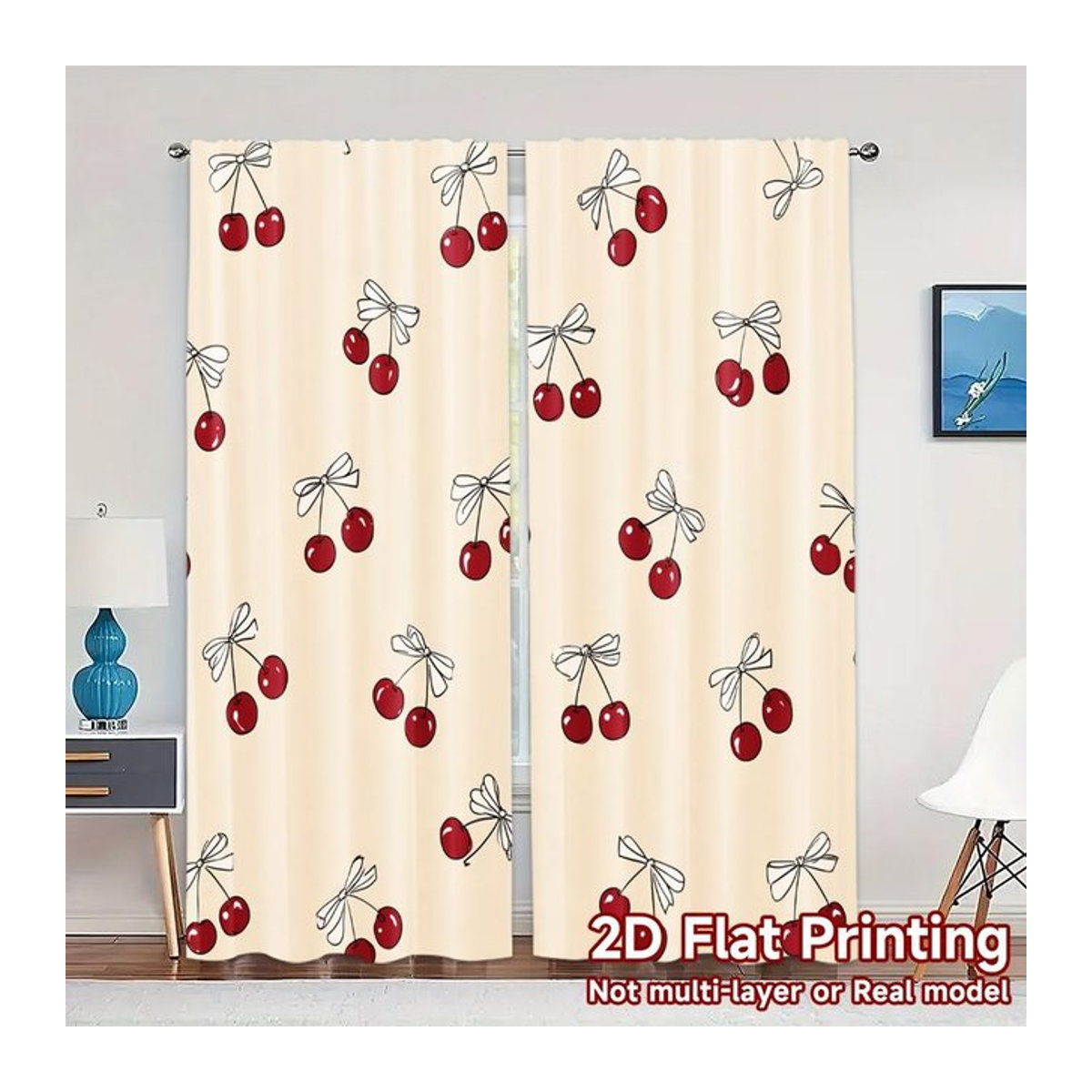 Tonnika Chen Set aus 2 modernen Vorhängen mit Kirschen und Schleifen aus Polyester, Breite: 100 cm, Höhe: 70 cm - Bild 1
