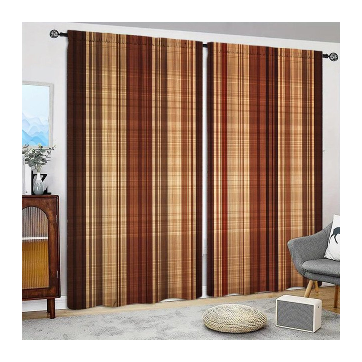 Tonnika Chen Set aus 2 Retro-Vorhängen mit Kunst-Print in Braun, Polyester, B: 100 cm, H: 70 cm - Bild 1