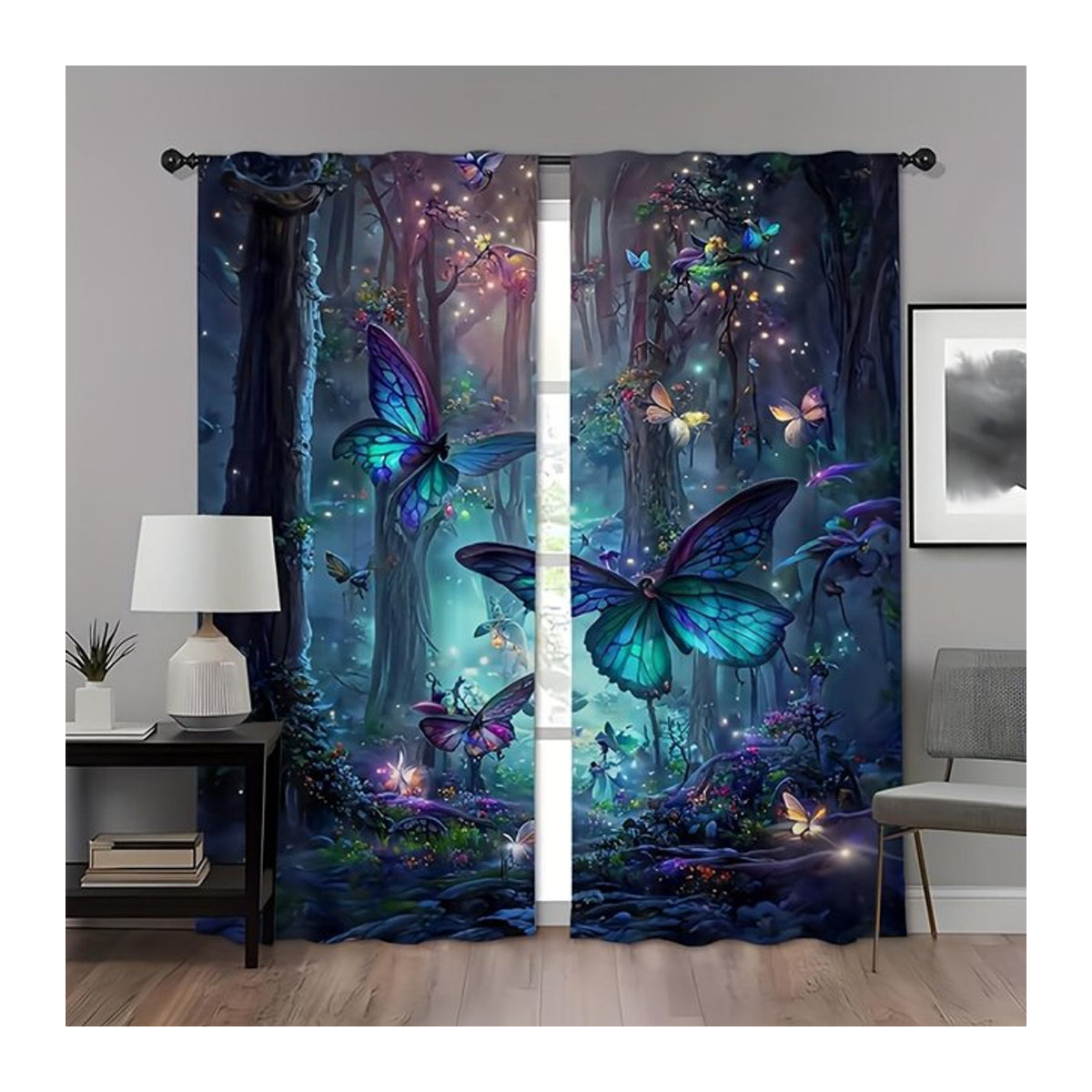 Tonnika Chen Set aus 2 Schmetterlingswald-Vorhängen in Blau, Polyester mit Digitaldruck und Stangentasche, Breite: 100 cm, Höhe: 70 cm - Bild 1