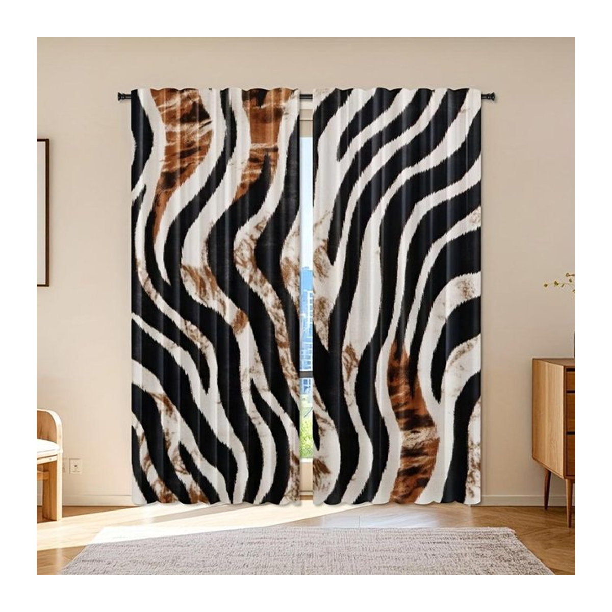 Tonnika Chen Set aus 2 Tiger-Vorhängen halbtransparent mit Tierdruck in Schwarz Weiß, Breite: 100 cm, Höhe: 70 cm - Bild 1
