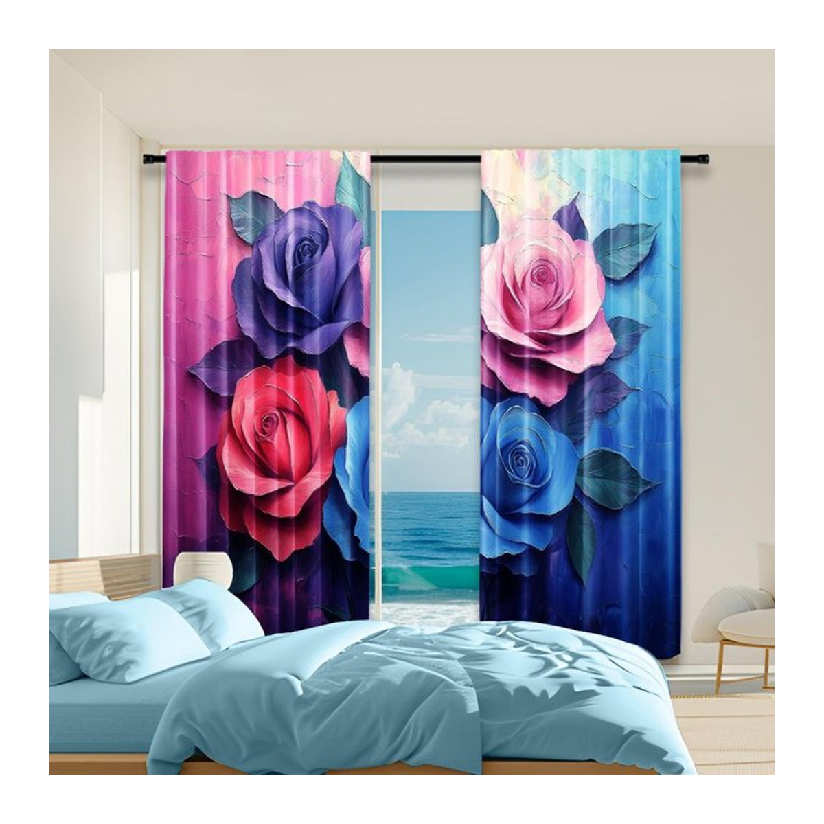 Tonnika Chen Set aus 2 transparenten Polyester-Vorhängen mit bunten Rosen für Wohnzimmer und Schlafzimmer, Farbe: Multicolor, B: 100 cm, H: 70 cm - Bild 1