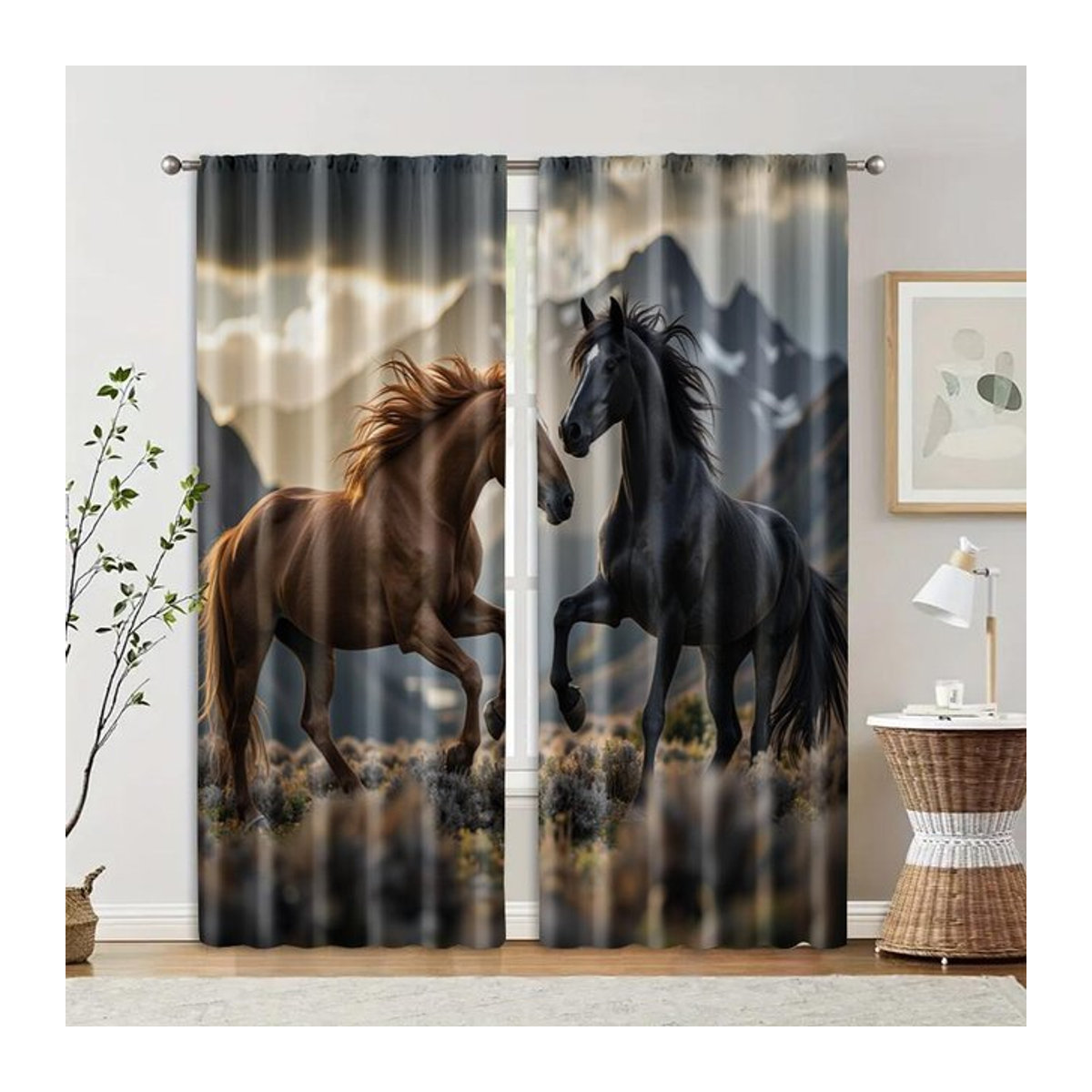 Tonnika Chen Set aus 2 transparenten Voile-Filtervorhängen mit Pferdemotiv und Bergdesign aus Polyester, B: 100 cm, H: 70 cm - Bild 1