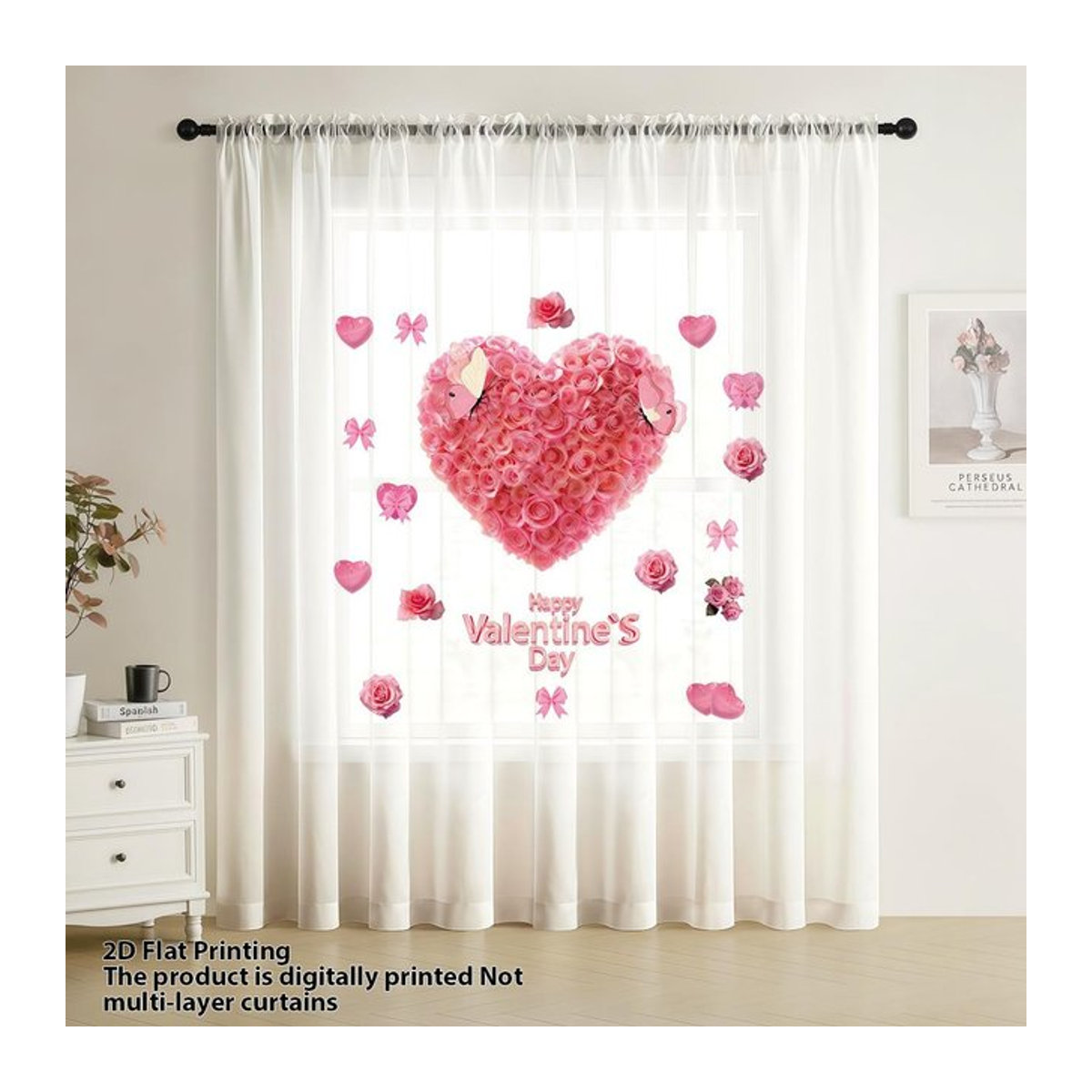 Tonnika Chen Transparentes Voile Gardinenpanel mit Rosen- und Herzmotiv in Weiß, B: 100 cm, H: 70 cm - Bild 1
