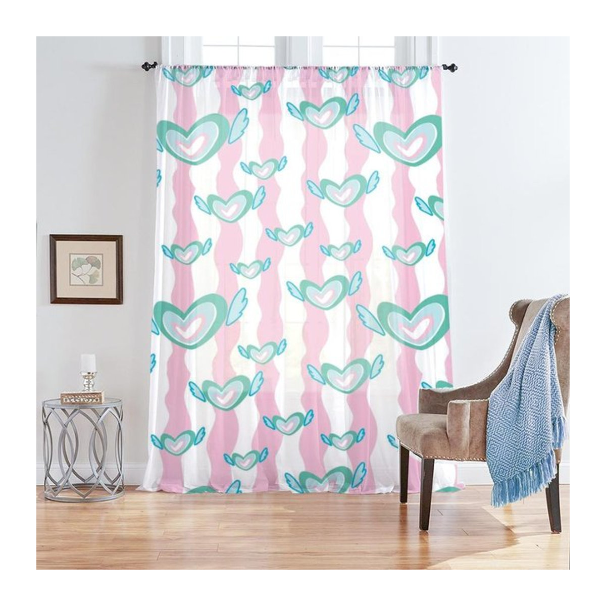 Tonnika Chen Transparentes Vorhang-Set mit Wellenmuster und Flügel-Liebe-Design in Rosa und Weiß, B: 100 cm, H: 70 cm - Bild 1
