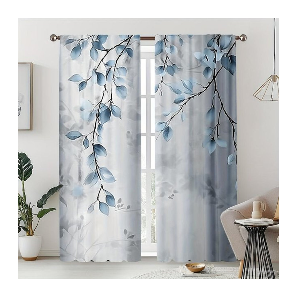 Tonnika Chen Vorhang mit blauem Blattdruck aus Polyester, transparentes Voile für Schlafzimmer und Wohnzimmer, B: 100 cm, H: 70 cm - Bild 1
