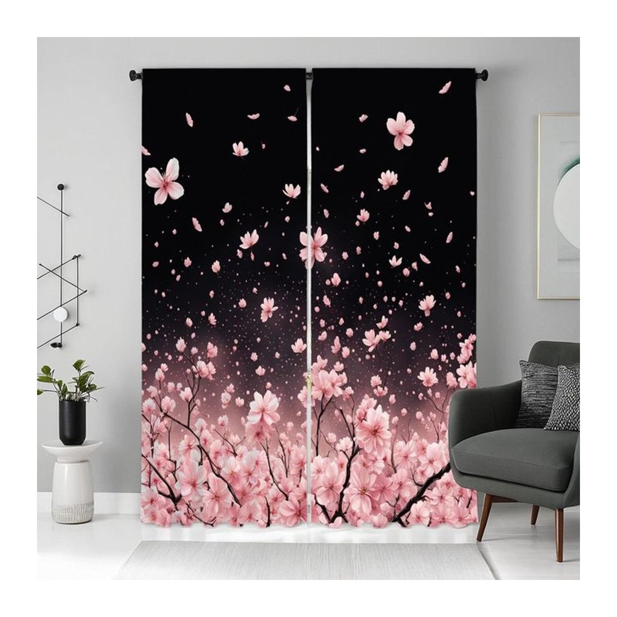 Tonnika Chen Vorhang-Set aus 2 Stück mit Kirschblüten-Print in Schwarz-Rosa, lichtfilternd, Polyester, B: 100 cm, H: 70 cm - Bild 1