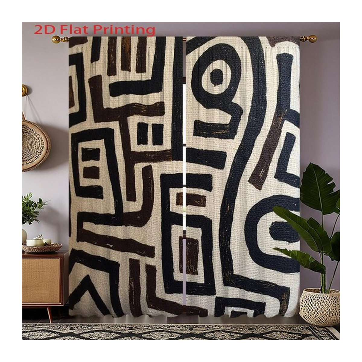Tonnika Chen Vorhang-Set aus 2 Teilen mit abstraktem geometrischem Muster in Schwarz-Weiß und braunen Akzenten, halbtransparent und lichtblockierend, Polyester, Breite: 100 cm, Höhe: 70 cm - Bild 1