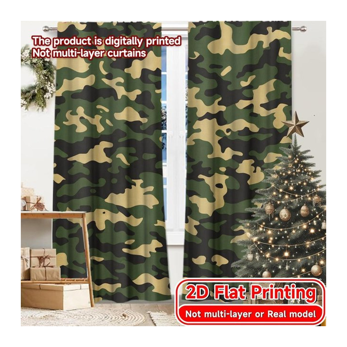 Tonnika Chen Vorhang Set aus Polyester mit Camo-Design in Multicolor, blickdicht, 2er-Set, Breite: 100 cm, Höhe: 70 cm - Bild 1