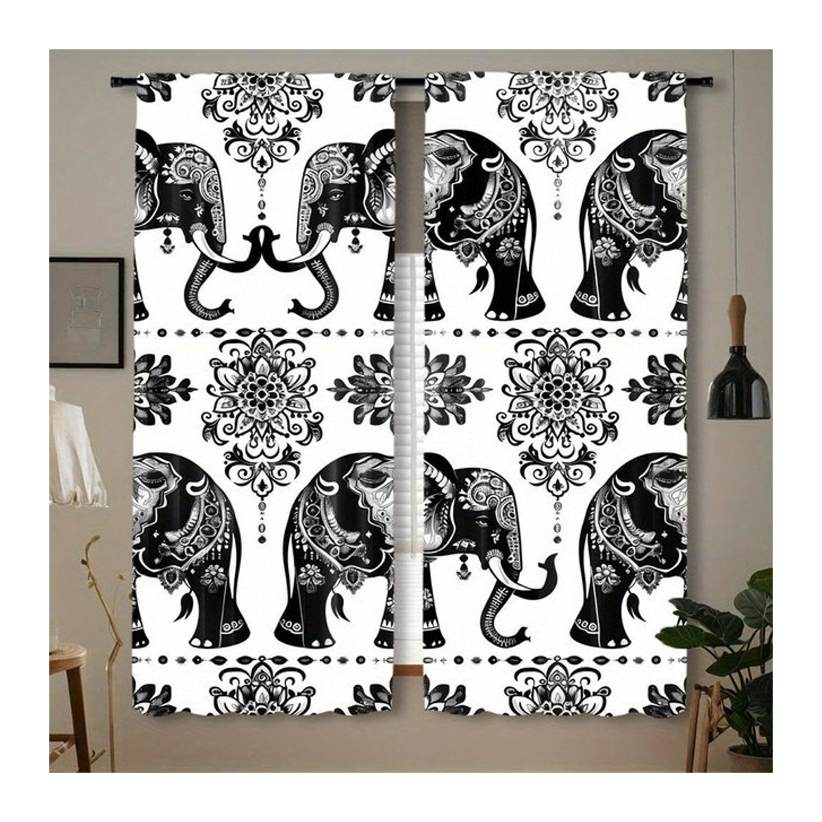 Tonnika Chen Vorhang-Set im böhmischen Stil mit Mandala-Blumen-Elefanten-Design aus Polyester, 2 Stück, B: 100 cm, H: 70 cm - Bild 1