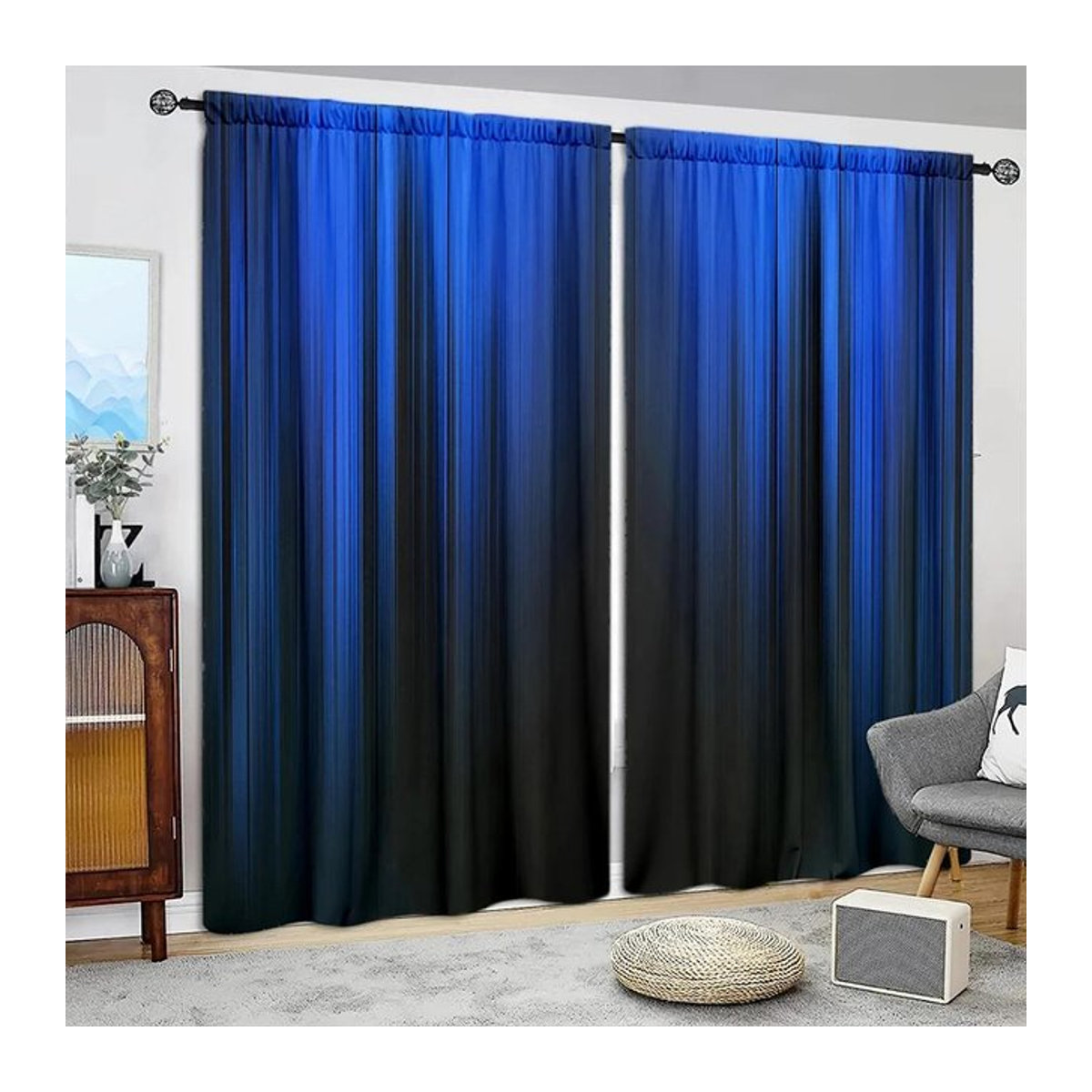 Tonnika Chen Vorhang-Set mit 2 Stück aus Polyester in Blau-Schwarz-Farbverlauf mit Streifen-Design, Breite: 100 cm, Höhe: 70 cm - Bild 1