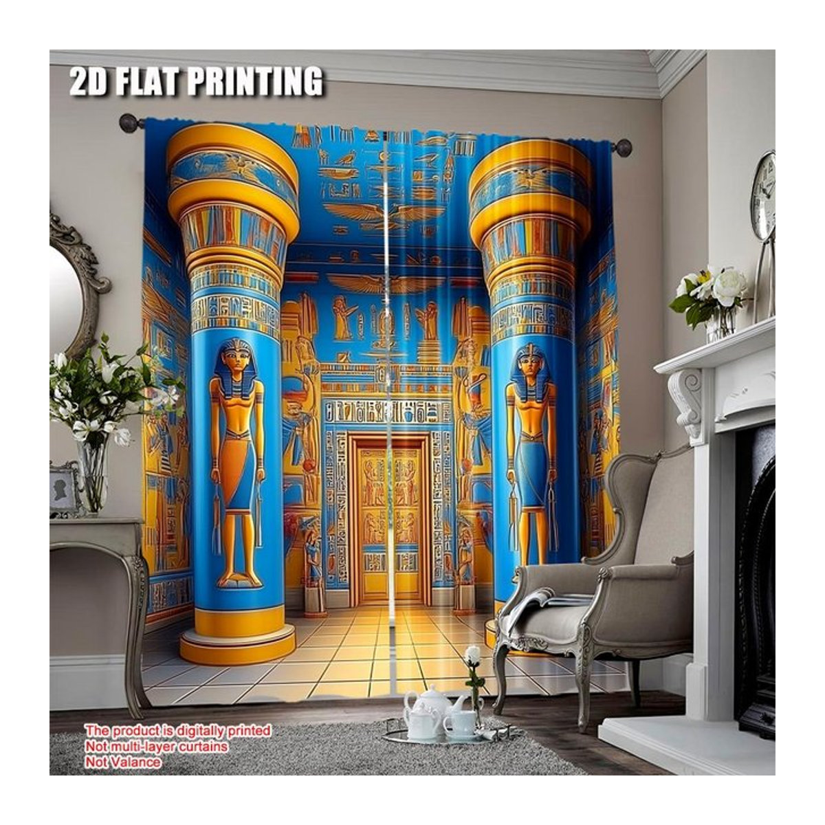 Tonnika Chen Vorhang-Set mit Ägyptischem Tempelwand-Motiv, 2 Stück, Multicolor, Breite: 100 cm, Höhe: 70 cm - Bild 1