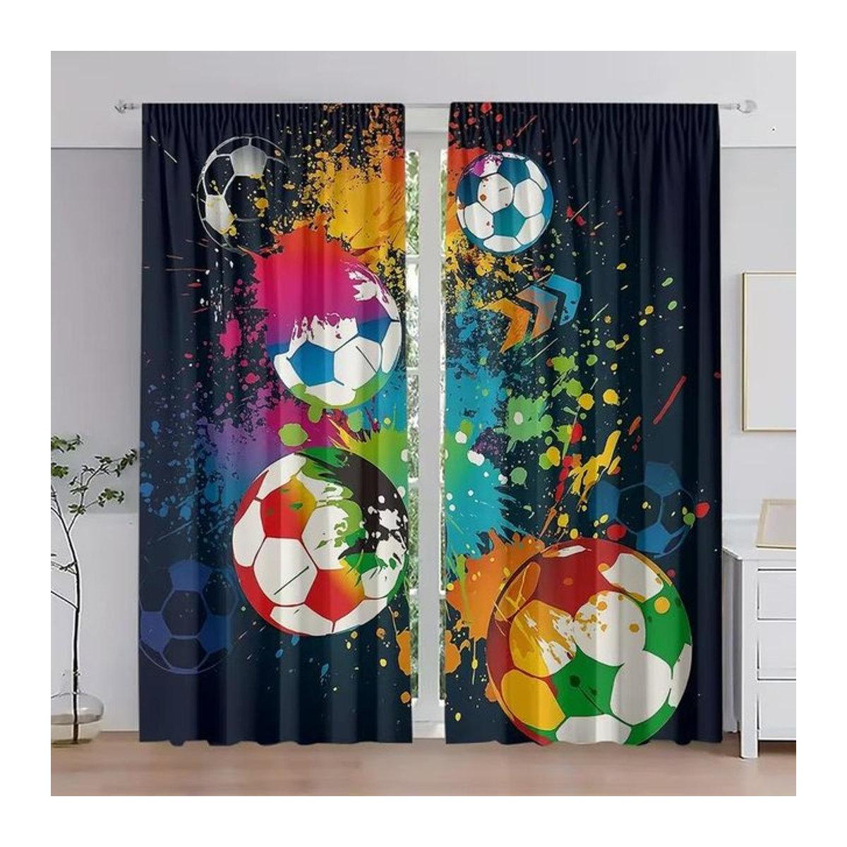 Tonnika Chen Vorhang-Set mit buntem Fußball-Print aus Polyester, blickdicht, 2er-Set, Breite: 100 cm, Höhe: 70 cm - Bild 1