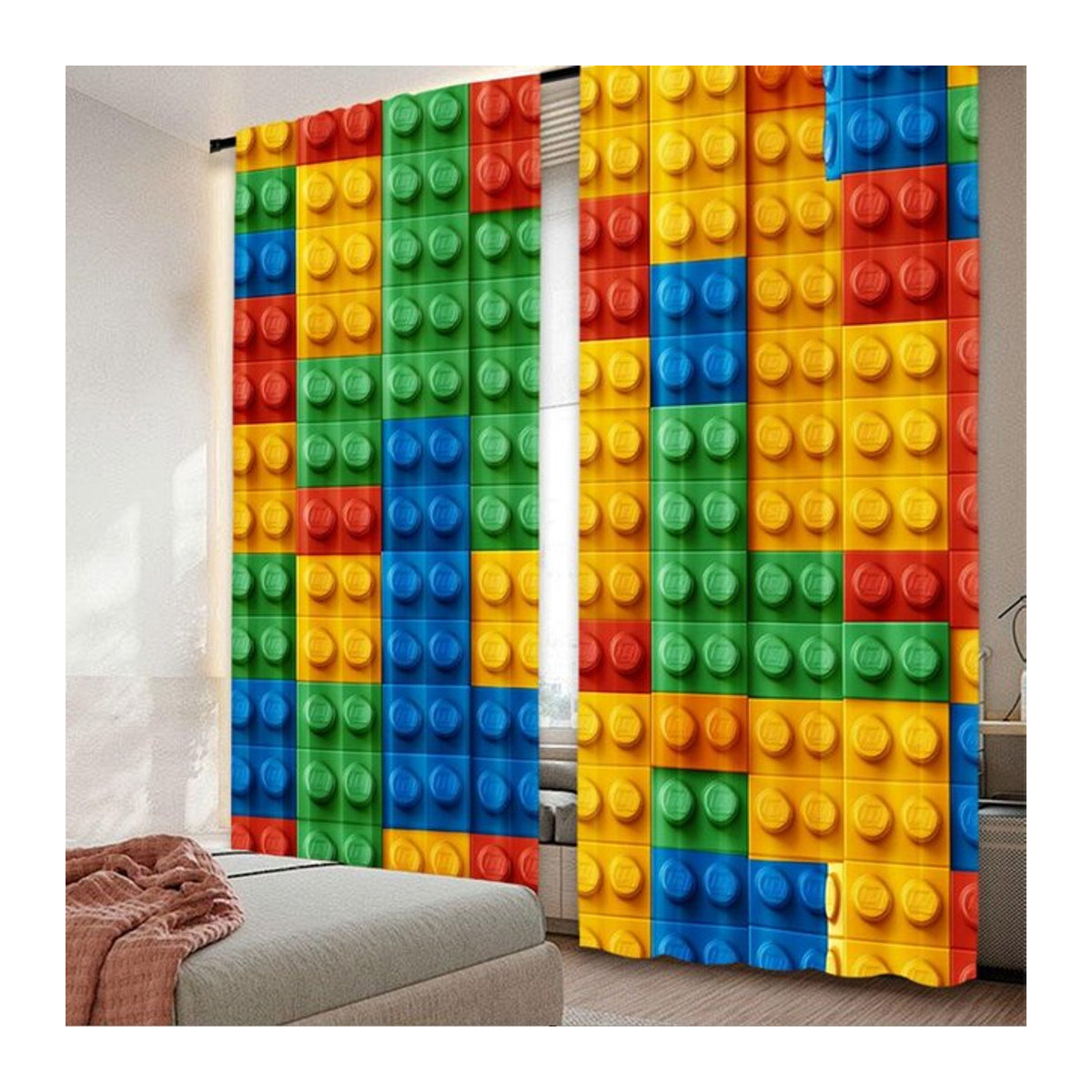 Tonnika Chen Vorhang Set mit buntem geometrischem Bausteine-Druck aus Polyester, 2 Stück, B: 100 cm, H: 70 cm, inklusive Haken - Bild 1