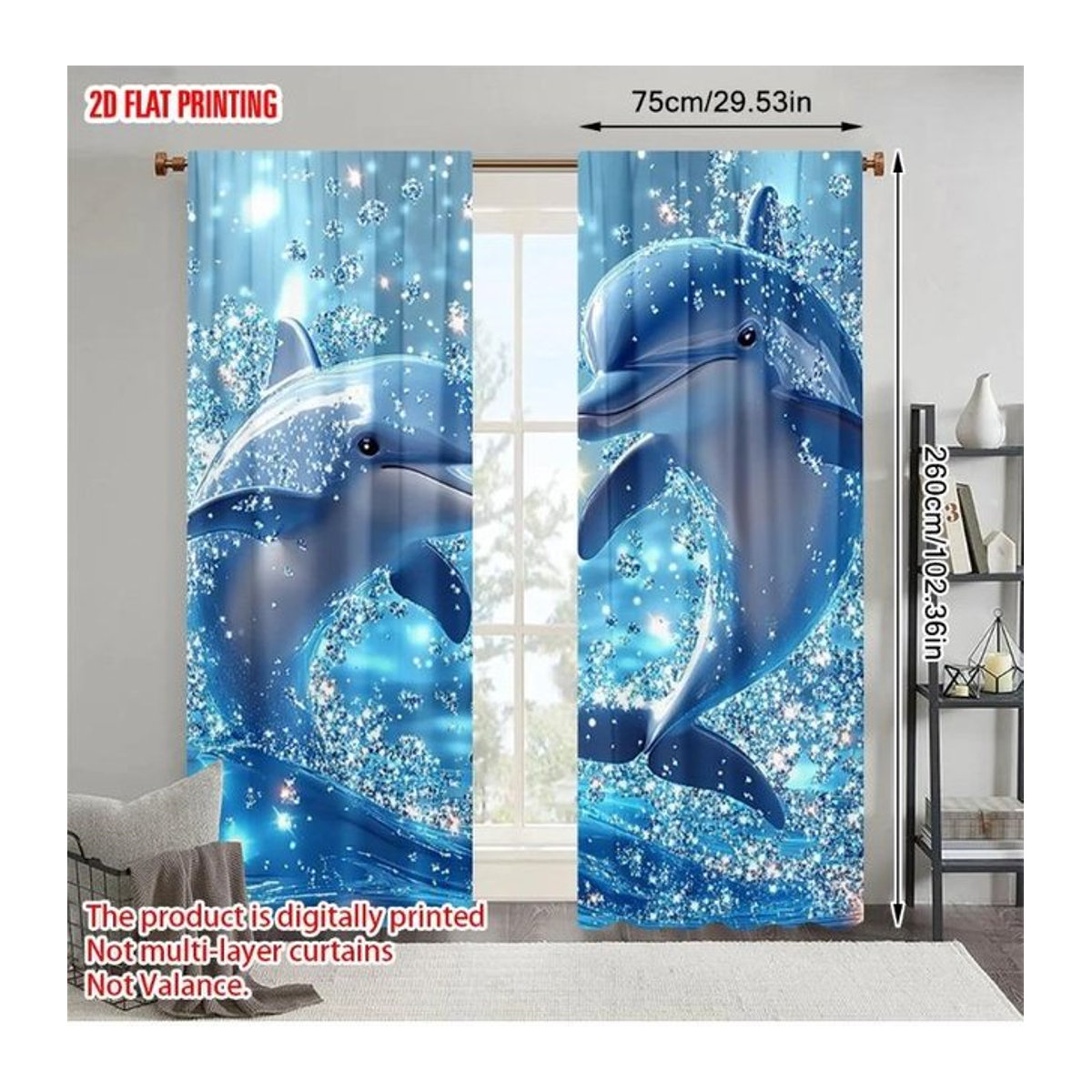 Tonnika Chen Vorhang-Set mit Delfin-Print in Blau aus Polyester, 2er-Set, Breite: 100 cm, Höhe: 70 cm - Bild 1