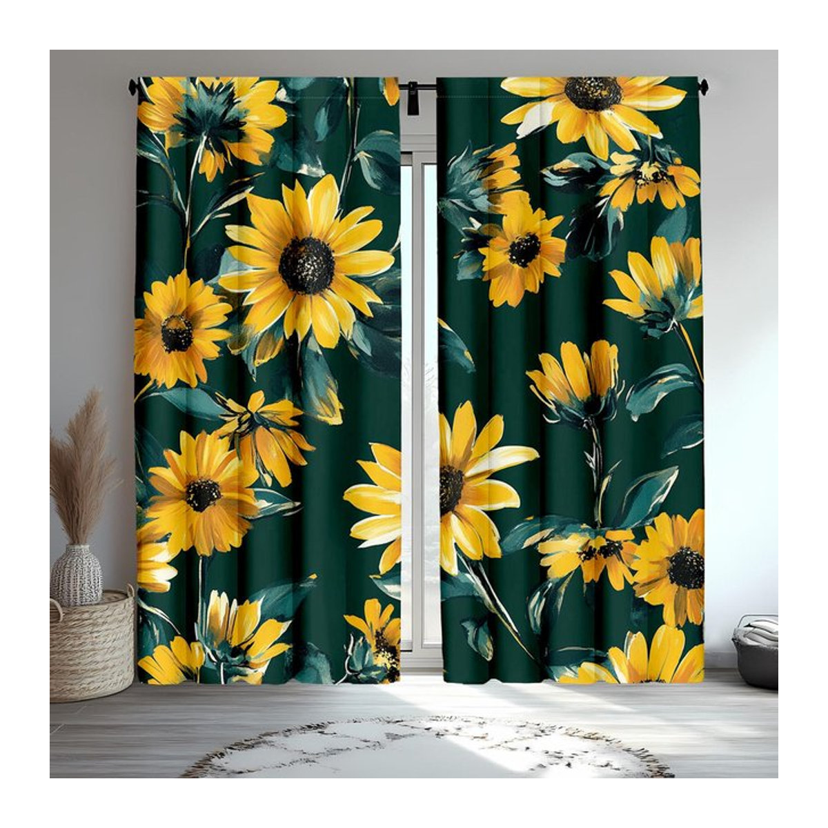 Tonnika Chen Vorhang Set mit gelben Sonnenblumen in Multicolor, floraler Botanik-Design aus Polyester, Breite: 100 cm, Höhe: 70 cm, 2er Set inklusive Haken - Bild 1