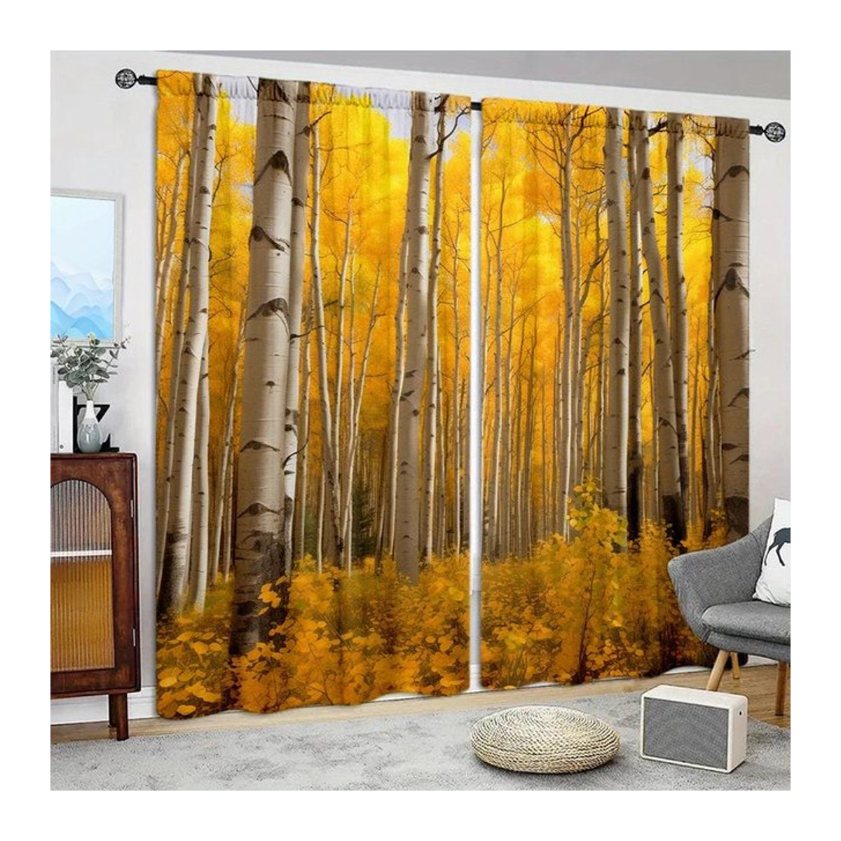 Tonnika Chen Vorhang-Set mit gelber Birke aus Polyester, 2er-Set mit Stangentasche, Breite: 100 cm, Höhe: 70 cm, Farbe: Gelb - Bild 1