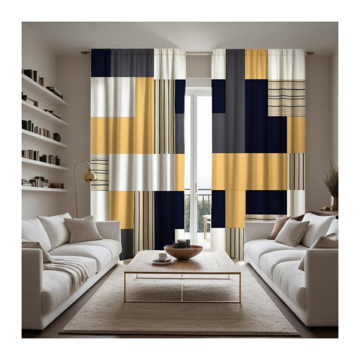 Tonnika Chen Vorhang-Set mit geometrischem Design in Gelb aus Polyester, 2 Stück, Breite: 100 cm, Höhe: 70 cm - Bild 1