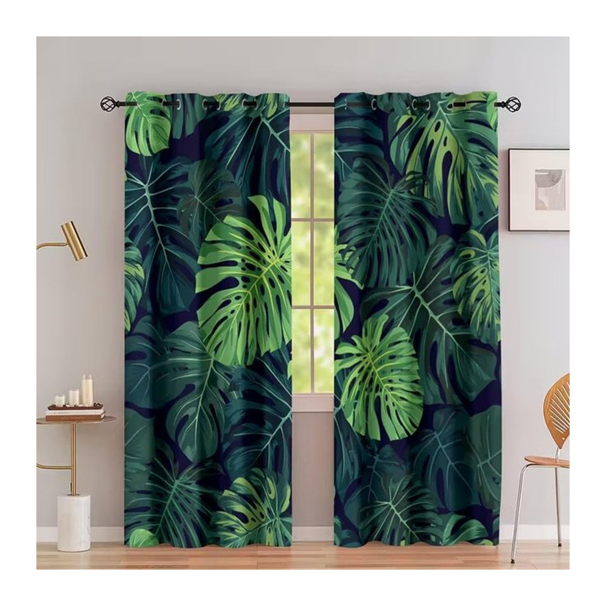 Tonnika Chen Vorhang-Set mit grünem Blätter-Print für Wohnzimmer, Schlafzimmer oder Küche, Farbe: Grün/Multicolor, Breite: 100 cm, Höhe: 70 cm - Bild 1