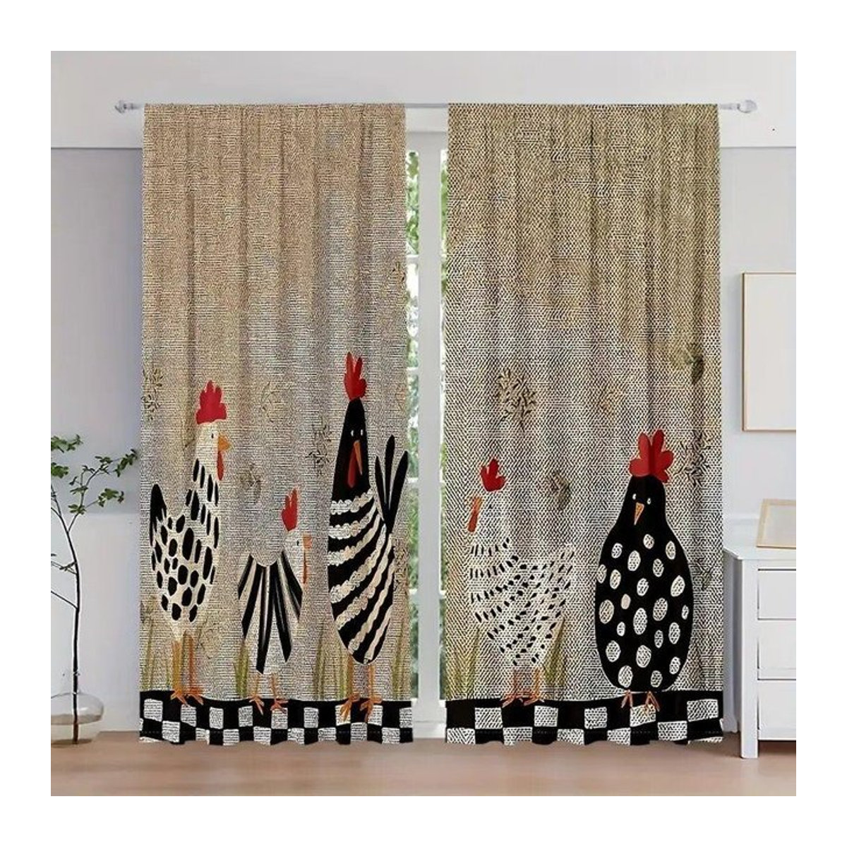 Tonnika Chen Vorhang-Set mit Hahnen-Hennen-Muster in Bunt, 2 Stück aus Polyester, Breite: 100 cm, Höhe: 70 cm inklusive Haken - Bild 1