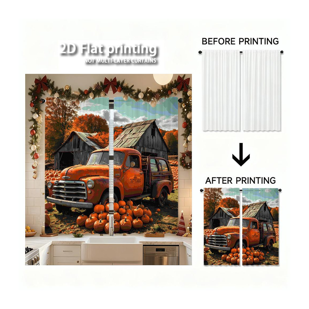 Tonnika Chen Vorhang Set mit Herbst-Motiv LKW und Kürbissen in Orange, 2er Set, Breite: 100 cm, Höhe: 130 cm - Bild 1