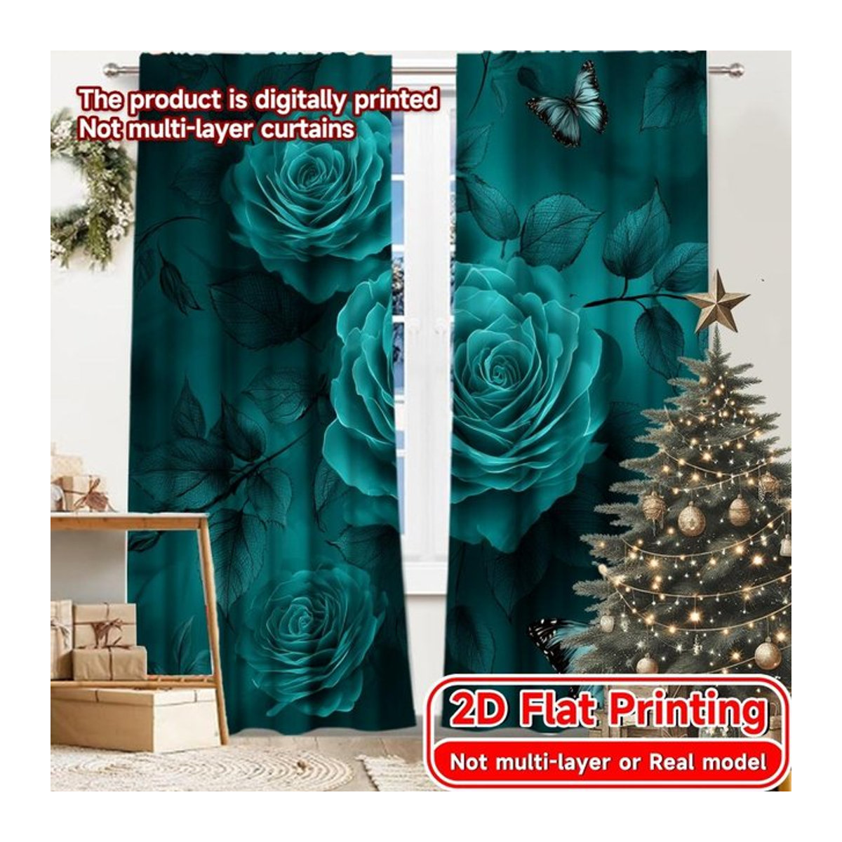Tonnika Chen Vorhang-Set mit Schmetterlings- und Rosenmuster in Blau, 2er-Set aus Polyester, B: 100 cm, H: 70 cm - Bild 1