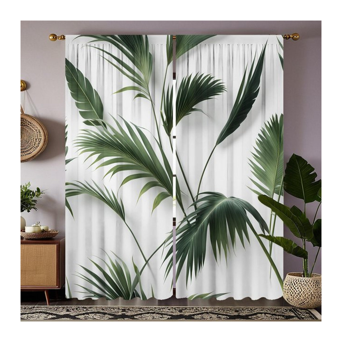 Tonnika Chen Vorhänge mit grünem Pflanzenmuster aus Polyester, 2er-Set, Breite: 100 cm, Höhe: 70 cm - Bild 1