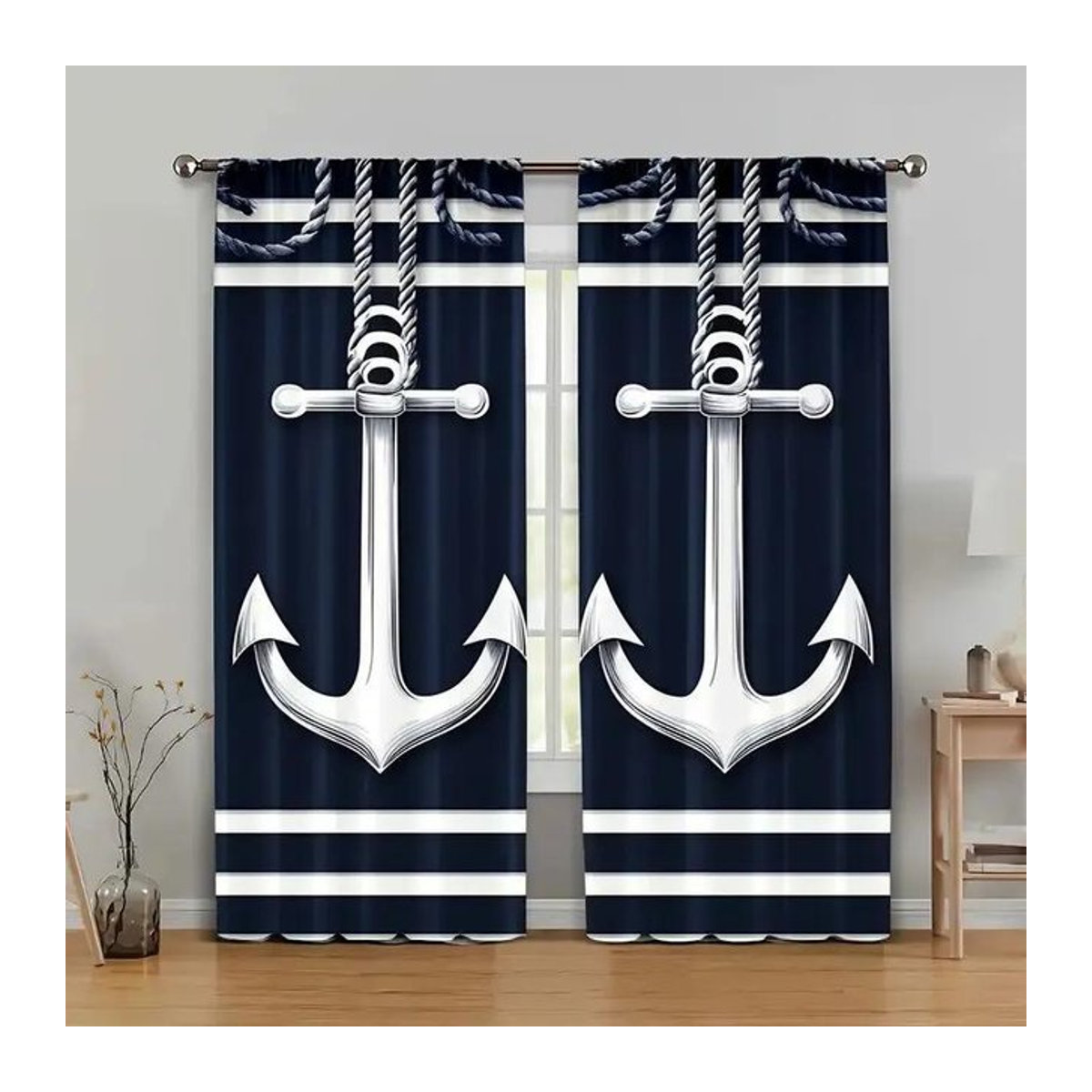 Tonnika Chen Vorhänge mit Meeresanker-Muster in Blau, Fensterdekoration aus Polyester, 2er-Set, Breite: 100 cm, Höhe: 70 cm - Bild 1
