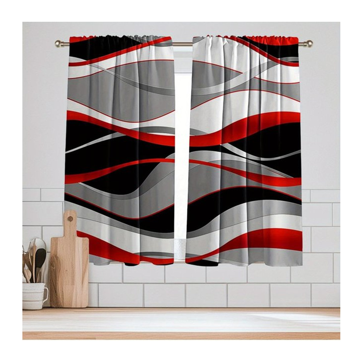 Tonnika Chen Vorhänge Set aus 2 Stück mit abstraktem Wellenmuster in Rot Grau Schwarz, lichtfilternd und blickdicht, Breite: 100 cm, Höhe: 70 cm - Bild 1