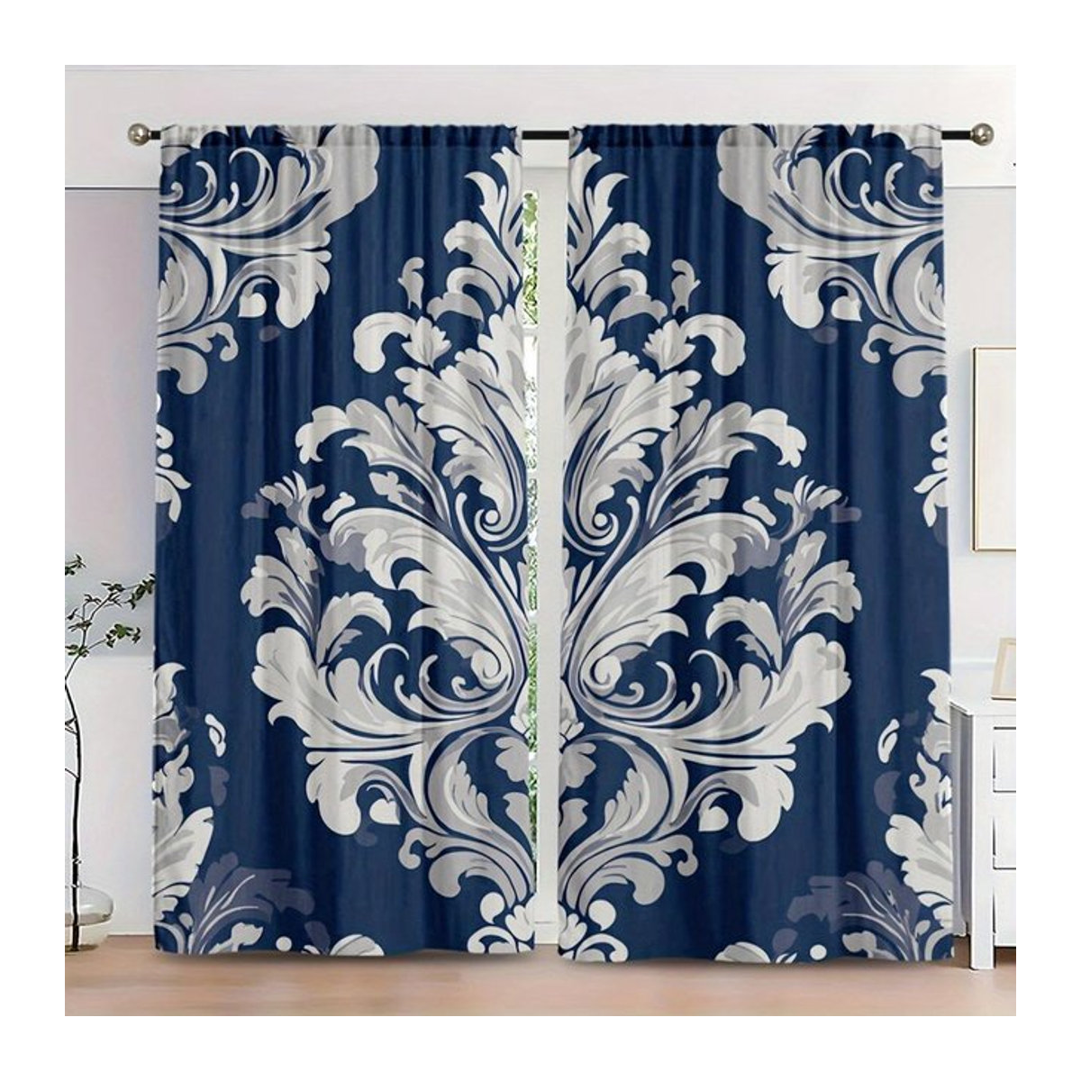 Tonnika Chen Vorhangset aus 2 Stück mit Damastmuster in Marineblau und Weiß auf grauem Hintergrund, Breite: 100 cm, Höhe: 70 cm - Bild 1
