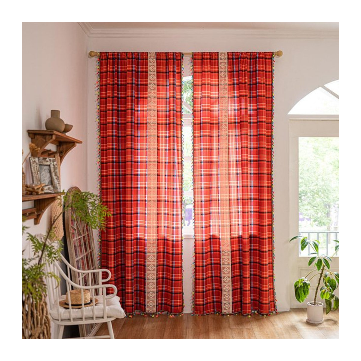 Tonnika Chen Zweiteilige Karomuster-Vorhänge mit Quasten in Multicolor, transparentes Voile, Vintage-Stil, Breite: 100 cm, Höhe: 70 cm - Bild 1