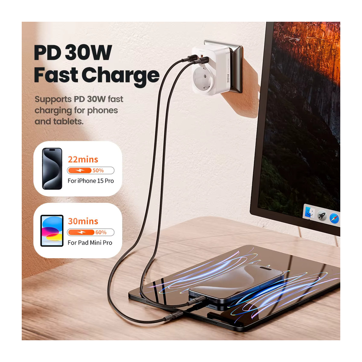 Toocki 4-in-1 Steckdosen-Extender Universal-Adapter in Weiß mit EU/US-Stecker und AC-Steckdose für Zuhause und Reisen - Bild 3