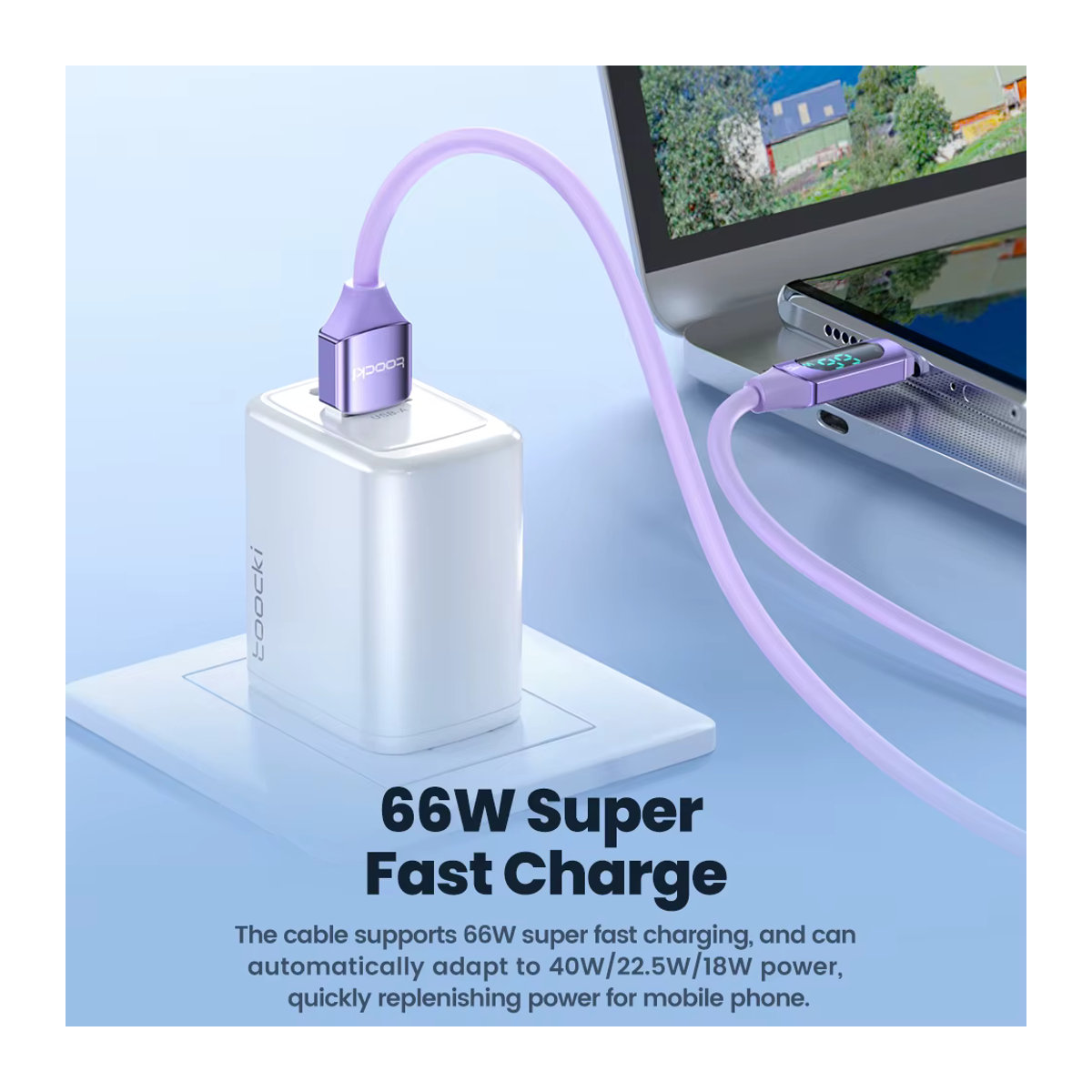 Toocki USB-zu-USB-C-Kabel mit Digitalanzeige 6A 66 W in Rosa und Lila - Bild 4