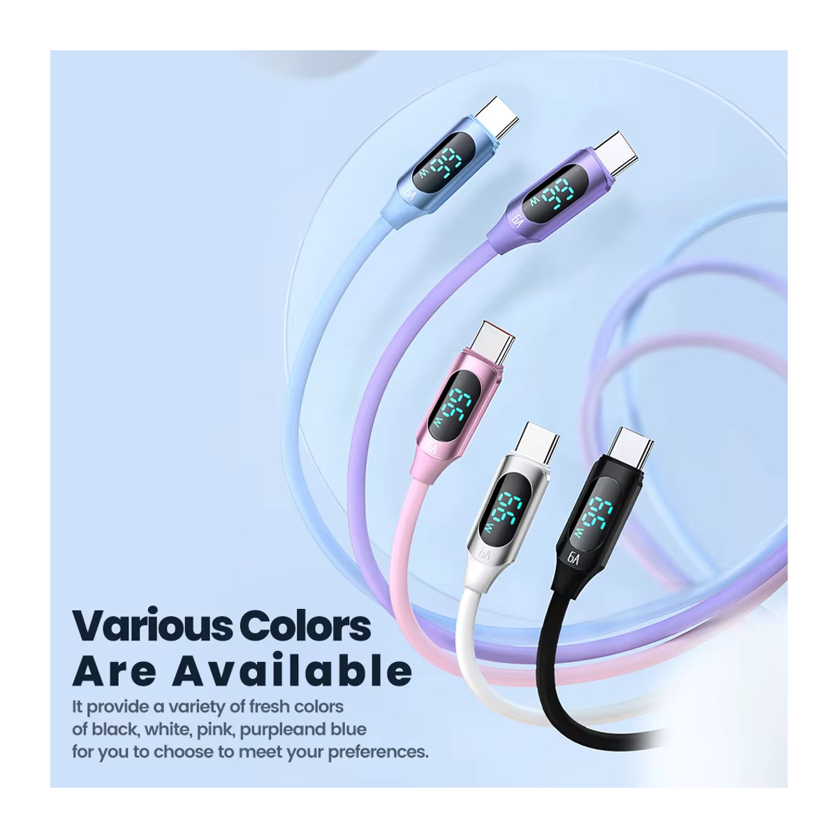 Toocki USB-zu-USB-C-Kabel mit Digitalanzeige 6A 66 W in Rosa und Lila - Bild 6